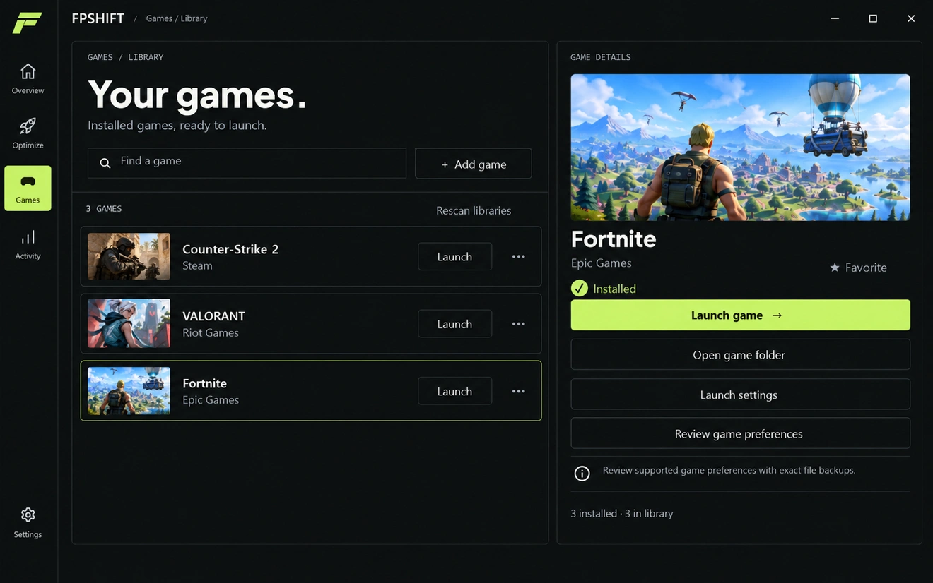 FPSHIFT Games demo: Counter-Strike 2, VALORANT and Fortnite in the library, with Fortnite selected, launch controls and game preferences.