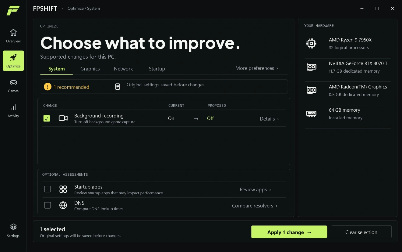 FPSHIFT Optimize: review the background recording recommendation, compare current and proposed settings, and choose a change to apply.