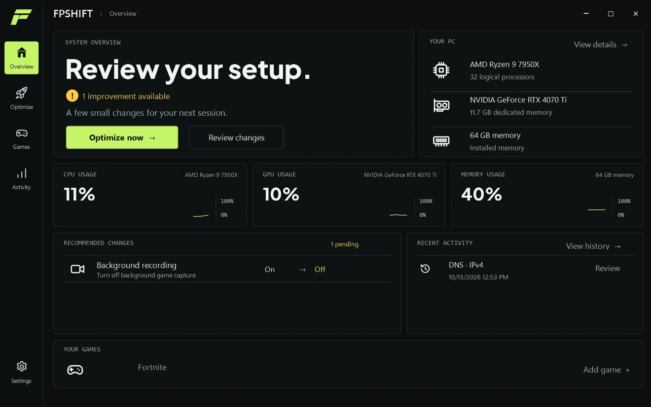 FPSHIFT Overview: review your setup, see CPU, graphics and memory usage, and find recommended changes.
